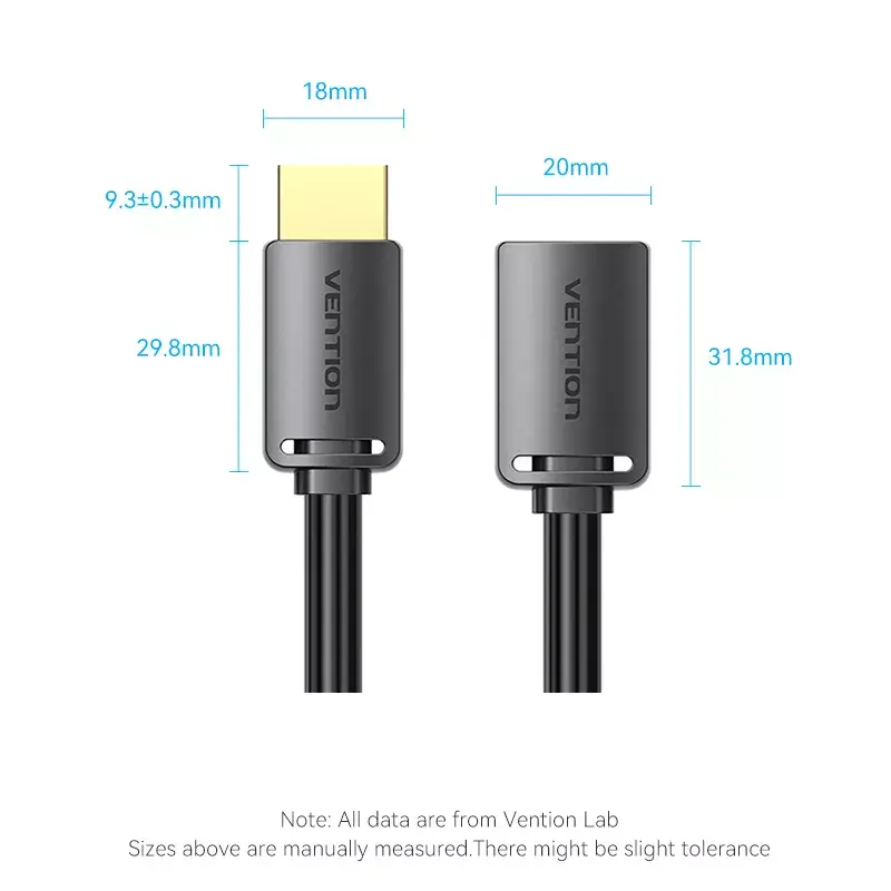 HDMI kabelis Vention HDMI-A vīrišķais uz HDMI-A sievišķais 2 m, HDMI 2.0 18 Gbit/s, 4K, zeltīti savienotāji, melns