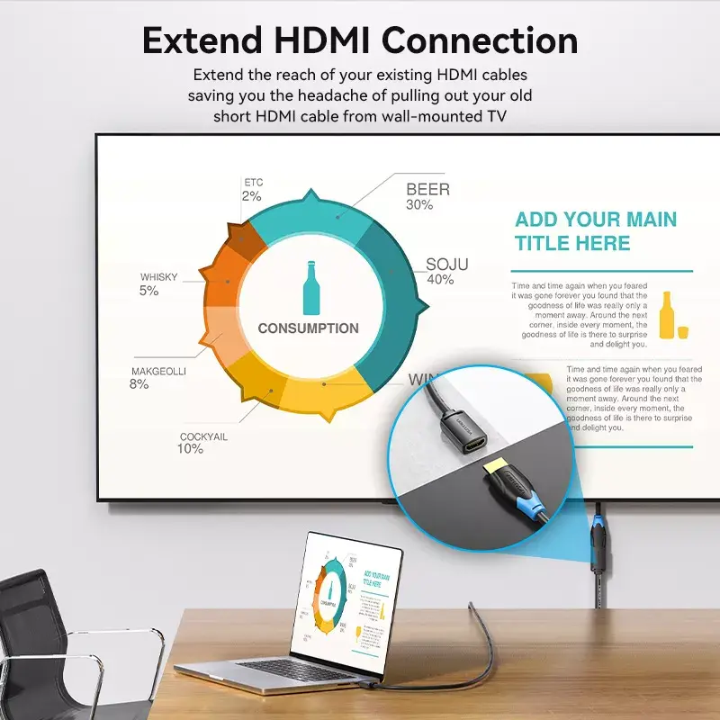 HDMI kabelis Vention HDMI-A vīrišķais uz HDMI-A sievišķais 2 m, HDMI 2.0 18 Gbit/s, 4K, zeltīti savienotāji, melns