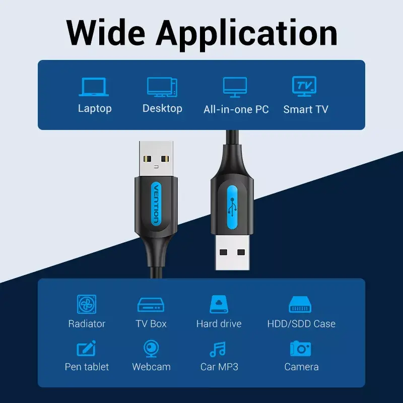 USB 2.0 A–A kabelis Vention 2 m, melns PVC, USB A uz USB A, 0,48 Gbit/s