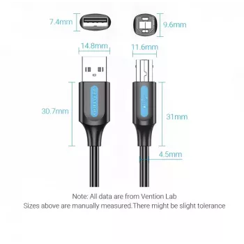 USB 2.0 A vīr. uz B vīr. kabelis Vention COQBJ, 0,5 m, melns, PVC apvalks, 2 A, 0,48 Gbit/s