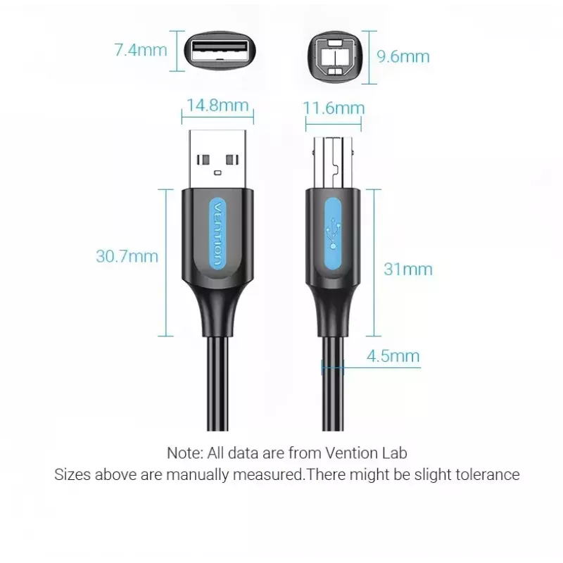 USB 2.0 A vīr. uz B vīr. kabelis Vention COQBJ, 0,5 m, melns, PVC apvalks, 2 A, 0,48 Gbit/s