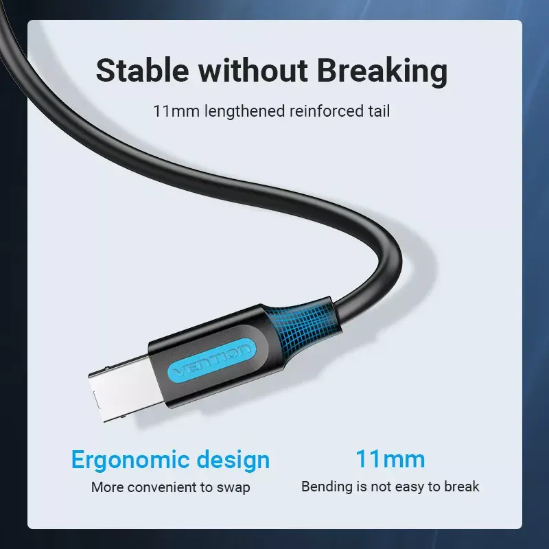USB 2.0 A vīr. uz B vīr. kabelis Vention COQBJ, 0,5 m, melns, PVC apvalks, 2 A, 0,48 Gbit/s