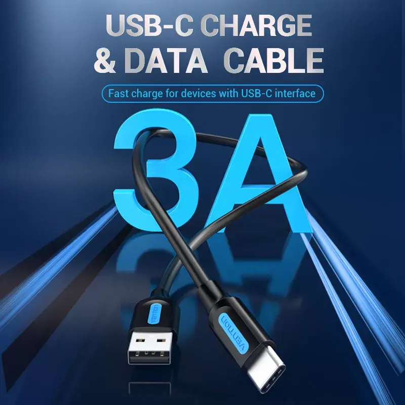Vention USB 2.0 A vīrieša uz C vīrieša 3A kabelis 0.5M melns