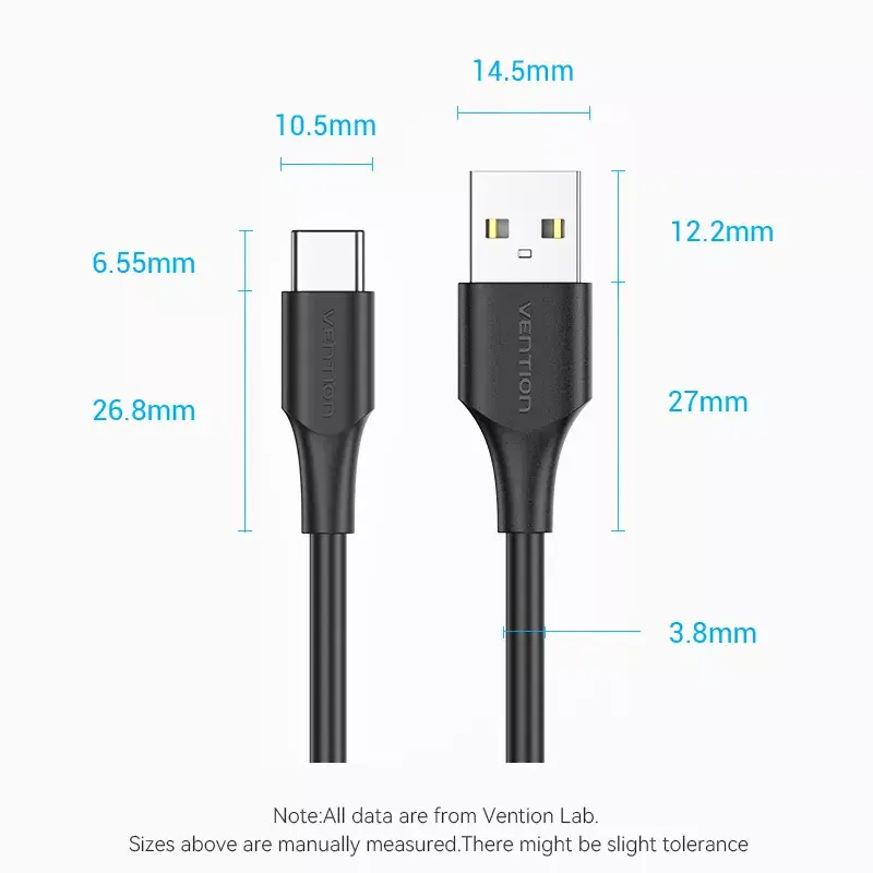 Vention USB 2.0 A spraudnis uz C vīrišķais 3A kabelis 0,5 m melns