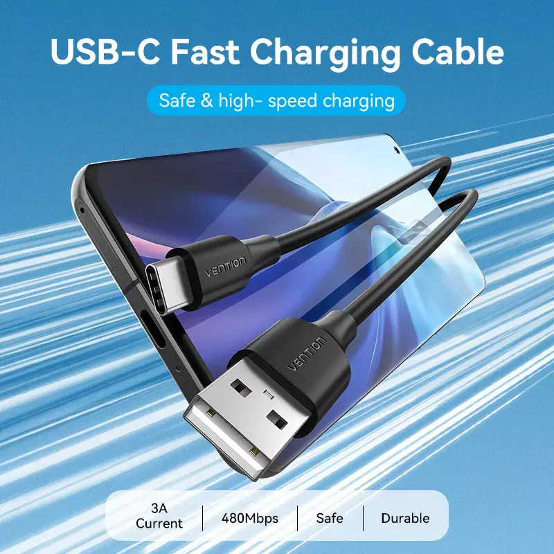 Vention USB 2.0 A spraudnis uz C vīrišķais 3A kabelis 0,5 m melns