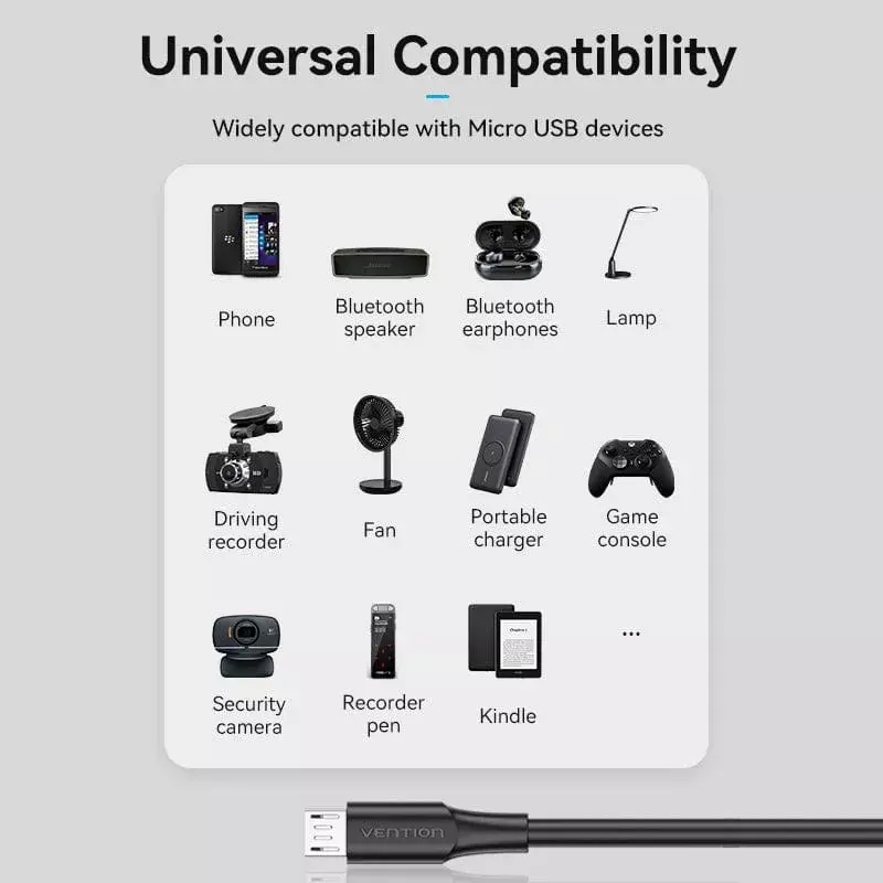 Vention USB 2.0 A tēviņš uz Micro-B tēviņš 2A kabelis 2M melns