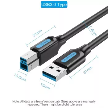 Vention USB 3.0 A–B kabelis, 3 m — USB 3.2 Gen 1 (5 Gbit/s), melns, niķelēti savienotāji