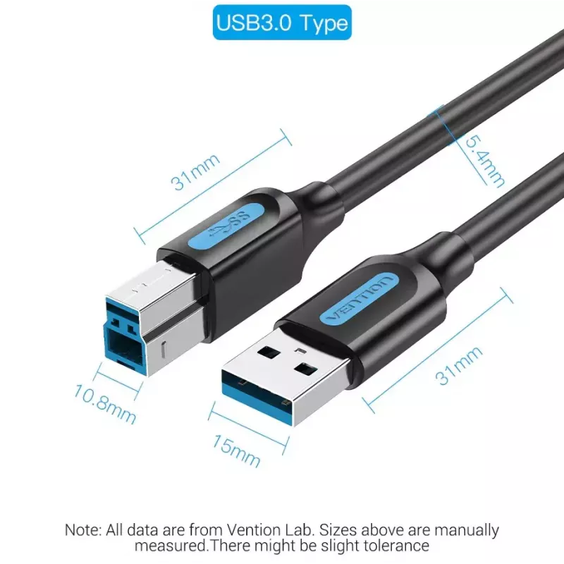 Vention USB 3.0 A–B kabelis, 3 m — USB 3.2 Gen 1 (5 Gbit/s), melns, niķelēti savienotāji