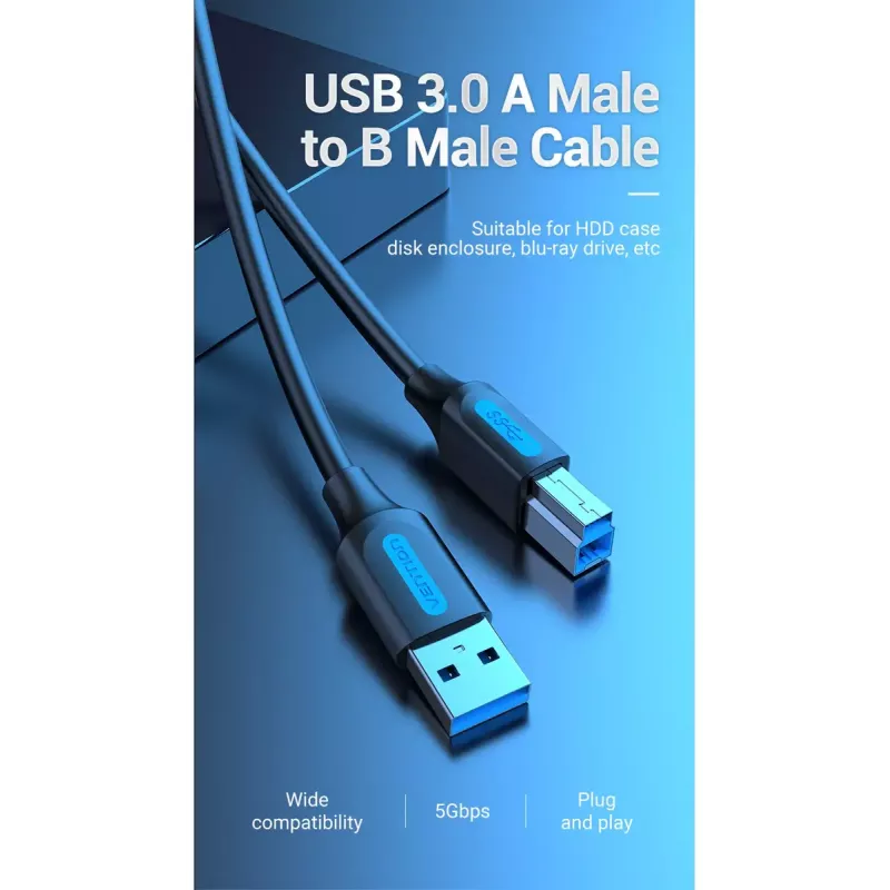 Vention USB 3.0 A–B kabelis, 3 m — USB 3.2 Gen 1 (5 Gbit/s), melns, niķelēti savienotāji