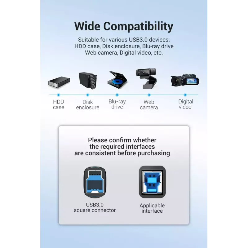 Vention USB 3.0 A–B kabelis, 3 m — USB 3.2 Gen 1 (5 Gbit/s), melns, niķelēti savienotāji