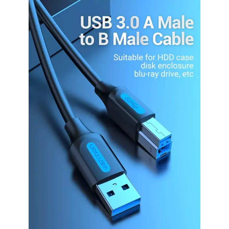 Vention USB 3.0 A–B kabelis, 3 m — USB 3.2 Gen 1 (5 Gbit/s), melns, niķelēti savienotāji