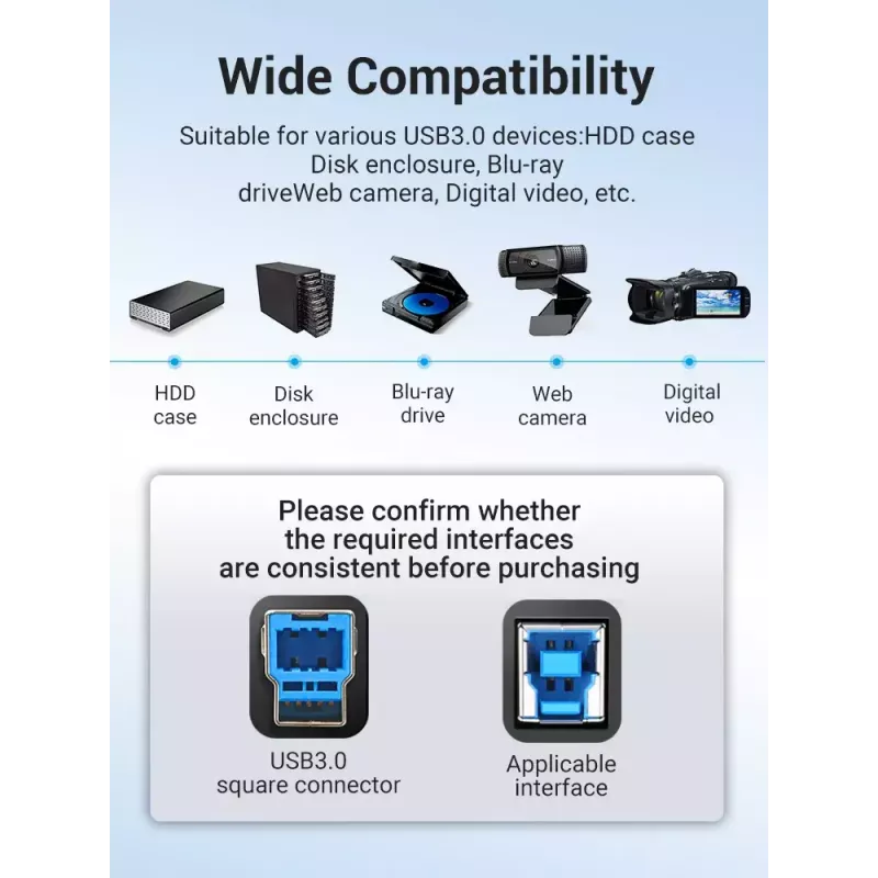 Vention USB 3.0 A–B kabelis, 3 m — USB 3.2 Gen 1 (5 Gbit/s), melns, niķelēti savienotāji