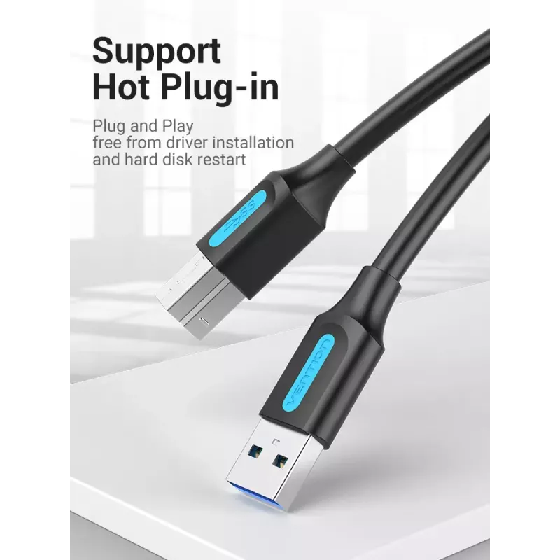 Vention USB 3.0 A–B kabelis, 3 m — USB 3.2 Gen 1 (5 Gbit/s), melns, niķelēti savienotāji