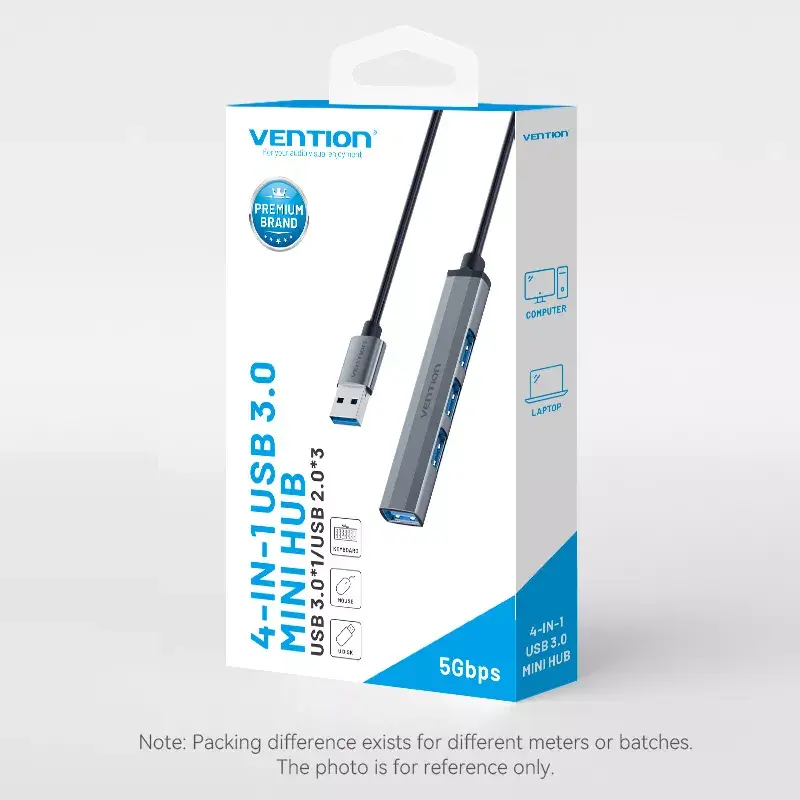 USB centrmezgls Vention CKOHB — 4 portu USB 3.2 Gen 1/USB 2.0 centrmezgls, 0,15 m kabelis, pelēks alumīnijs