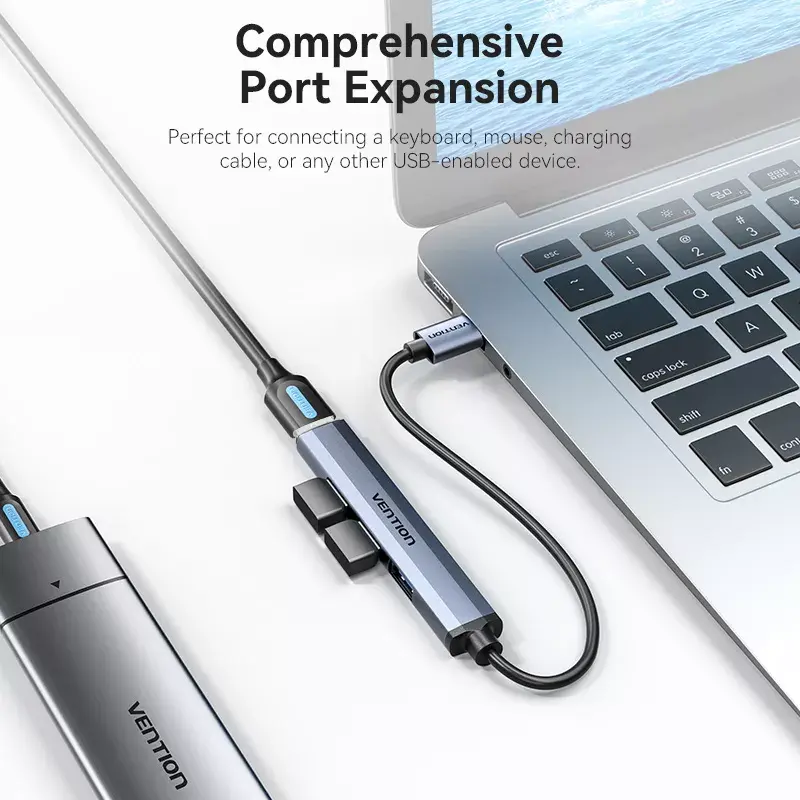 USB centrmezgls Vention CKOHB — 4 portu USB 3.2 Gen 1/USB 2.0 centrmezgls, 0,15 m kabelis, pelēks alumīnijs