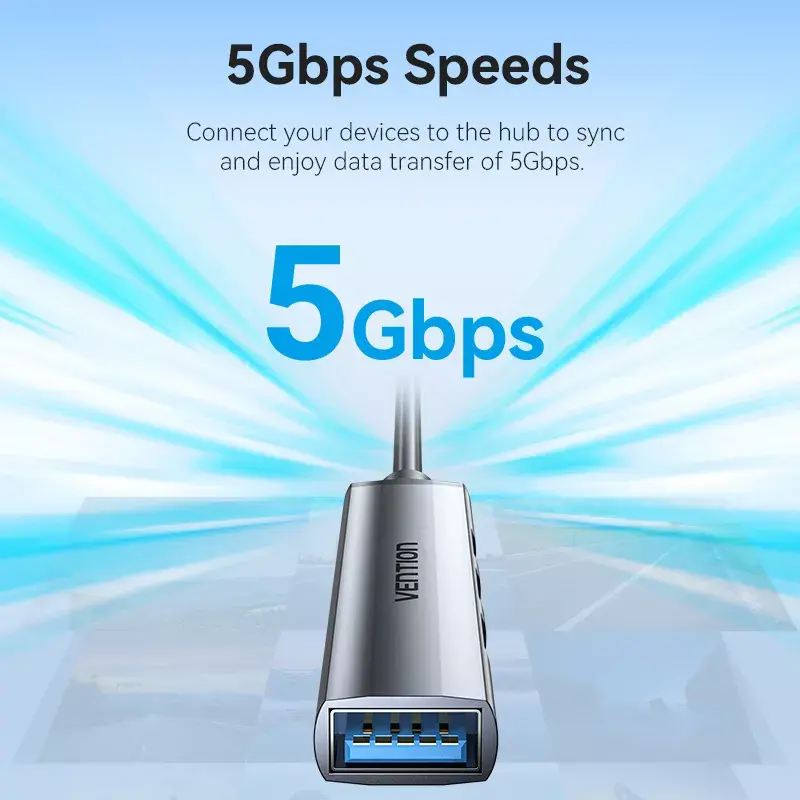 USB centrmezgls Vention CKOHB — 4 portu USB 3.2 Gen 1/USB 2.0 centrmezgls, 0,15 m kabelis, pelēks alumīnijs