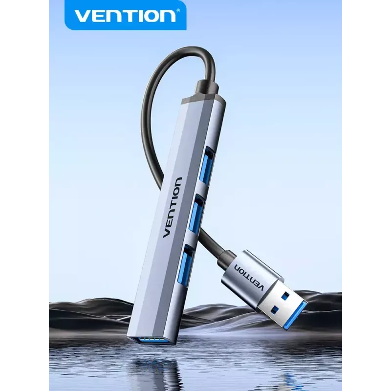 USB centrmezgls Vention CKOHB — 4 portu USB 3.2 Gen 1/USB 2.0 centrmezgls, 0,15 m kabelis, pelēks alumīnijs
