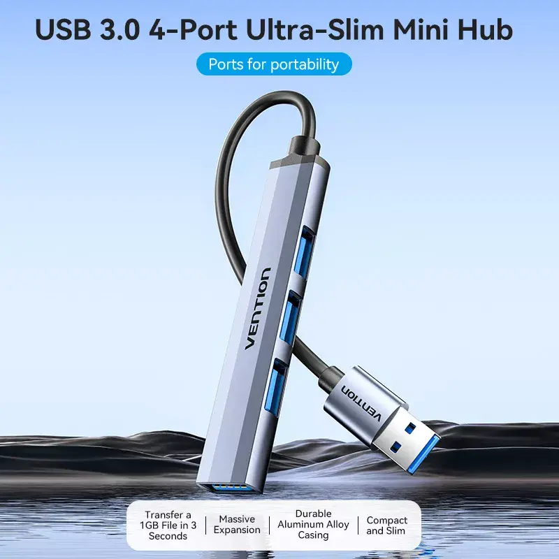 USB centrmezgls Vention CKOHB — 4 portu USB 3.2 Gen 1/USB 2.0 centrmezgls, 0,15 m kabelis, pelēks alumīnijs