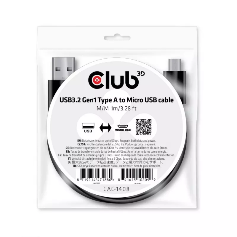 USB 3.2 Gen1 Type-A uz Micro USB kabelis M/M 1m CLUB3D CAC-1408
