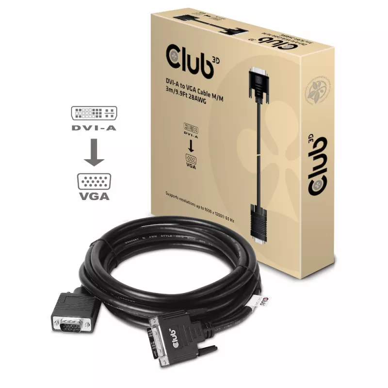 DVI-A uz VGA kabelis vīr.-vīr. CLUB3D CAC-1243 3 m 28 AWG melns