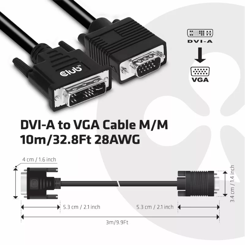 DVI-A uz VGA kabelis vīr.-vīr. CLUB3D CAC-1243 3 m 28 AWG melns