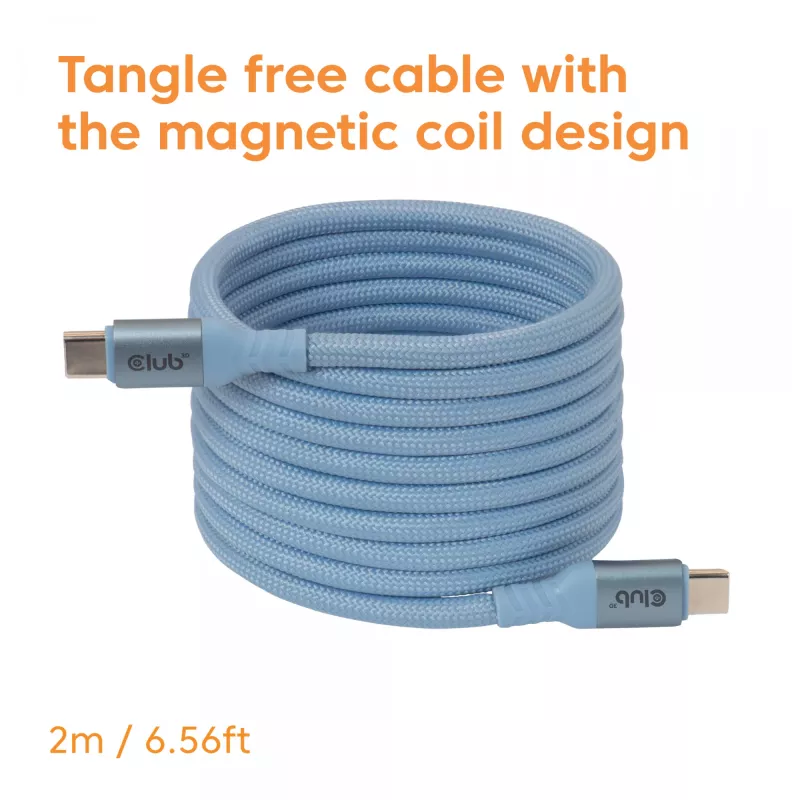 CLUB3D USB-C® Magnetic-Coil 240W PD3.1 zils kabelis 2 m / 6,56 pēdas ātra uzlāde