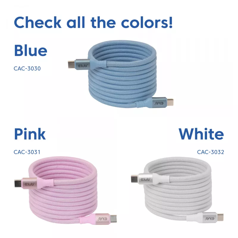 CLUB3D USB-C® Magnetic-Coil 240W PD3.1 zils kabelis 2 m / 6,56 pēdas ātra uzlāde