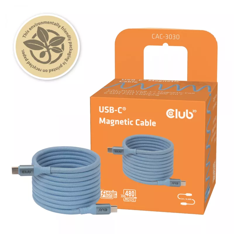 CLUB3D USB-C® Magnetic-Coil 240W PD3.1 zils kabelis 2 m / 6,56 pēdas ātra uzlāde