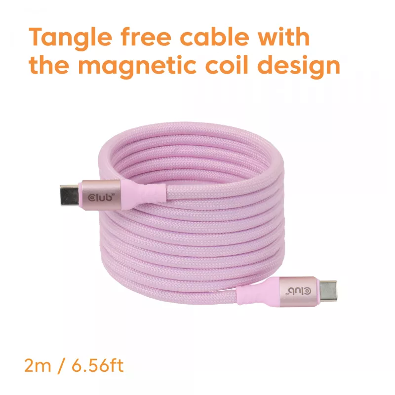 CLUB3D USB-C magnētiskās spoles rozā kabelis, 240 W, 2 m, USB 2.0