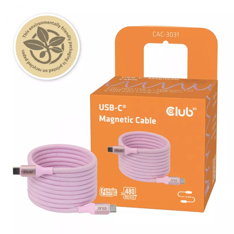 CLUB3D USB-C magnētiskās spoles rozā kabelis, 240 W, 2 m, USB 2.0