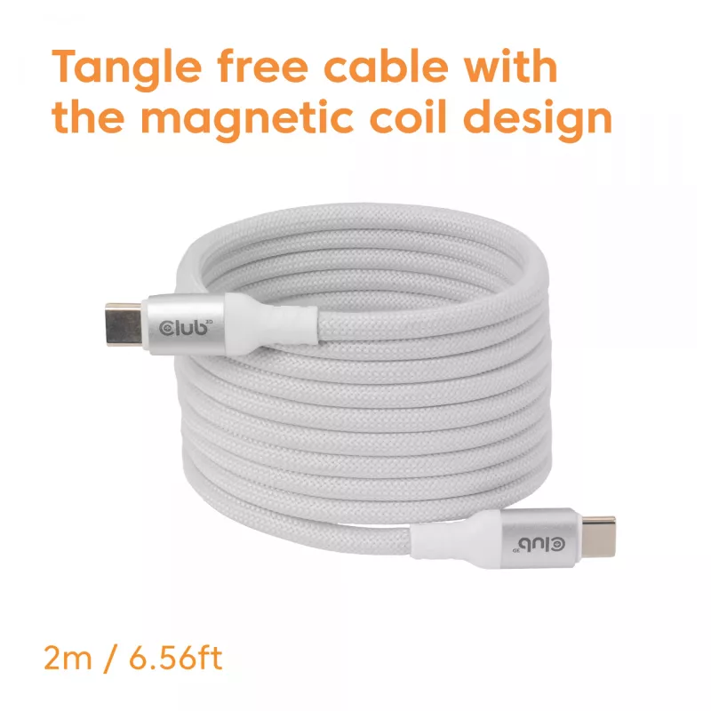 USB-C Magnetic-Coil kabelis Club 3D CAC-3032 — balts, magnētiskās spoles dizains uzlādei un datu pārraidei