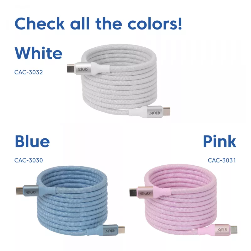 USB-C Magnetic-Coil kabelis Club 3D CAC-3032 — balts, magnētiskās spoles dizains uzlādei un datu pārraidei