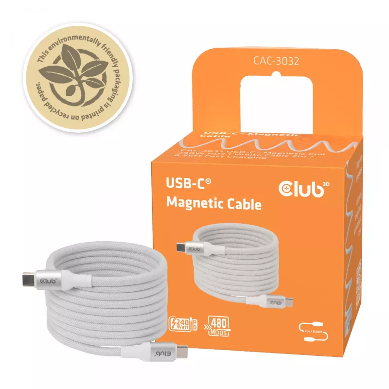 USB-C Magnetic-Coil kabelis Club 3D CAC-3032 — balts, magnētiskās spoles dizains uzlādei un datu pārraidei