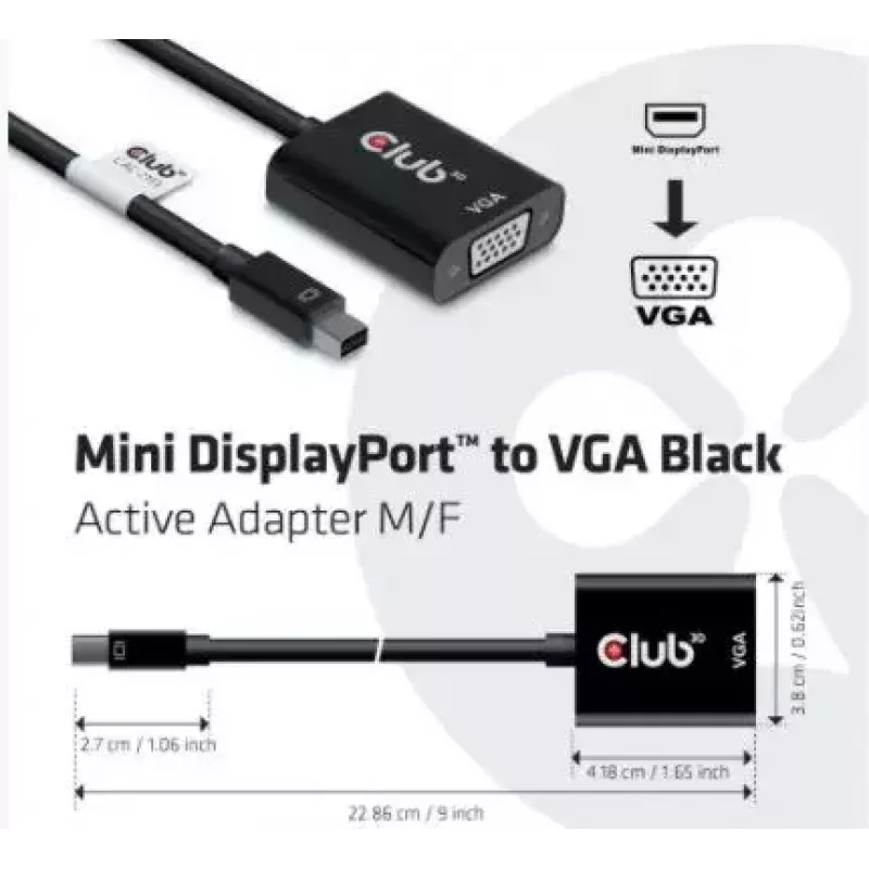 CLUB3D MiniDisplayPort™ uz VGA melns aktīvais adapteris M/F