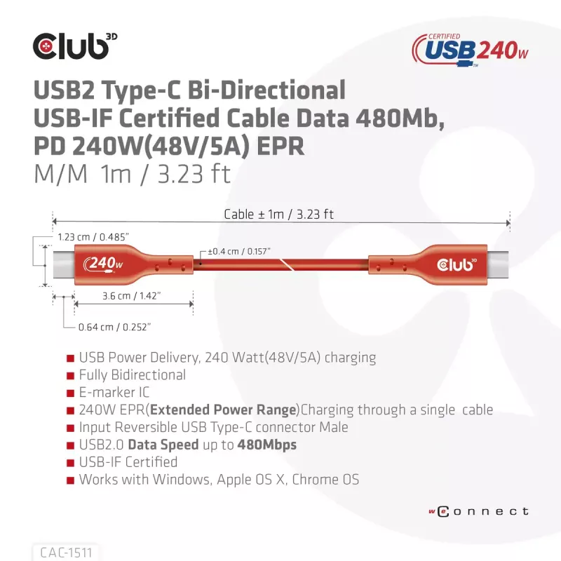 CLUB3D USB2 Type-C divvirzienu USB-IF sertificēts kabelis datiem 480Mb, PD 240W(48V/5A) EPR M/M 4m / 13,13 pēdas