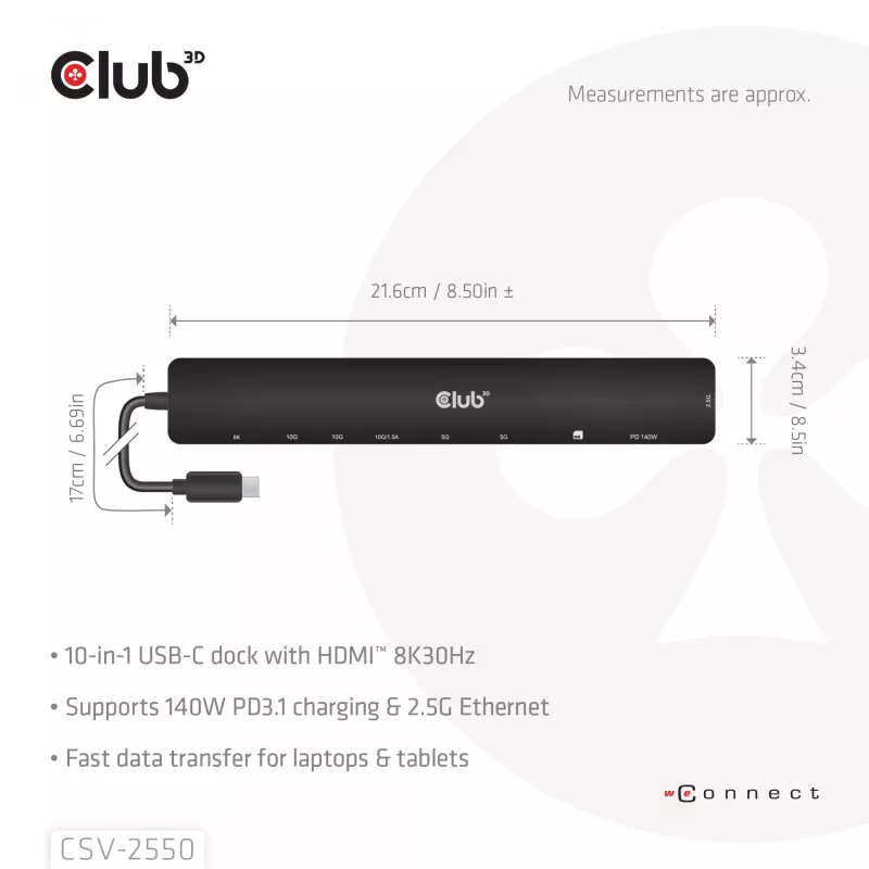 CLUB3D 10-1 pārnēsājamā dokstacija USB Type-C® 10Gbps uz HDMI™ 8K30Hz PD3.1 maks. 140 W