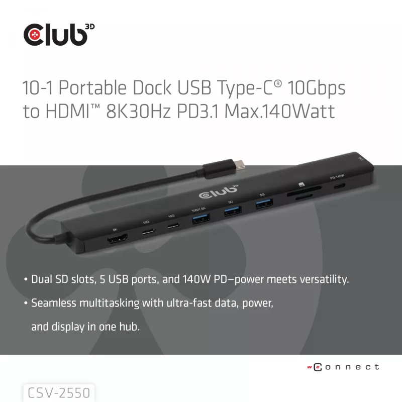 CLUB3D 10-1 pārnēsājamā dokstacija USB Type-C® 10Gbps uz HDMI™ 8K30Hz PD3.1 maks. 140 W