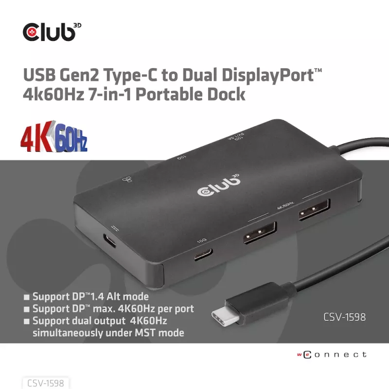 CLUB3D USB Gen2 Type-C uz diviem DisplayPort 4k60Hz 7-in-1 centrmezgls