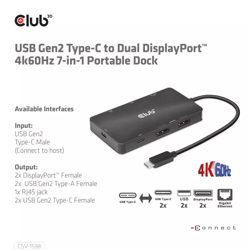 CLUB3D USB Gen2 Type-C uz diviem DisplayPort 4k60Hz 7-in-1 centrmezgls