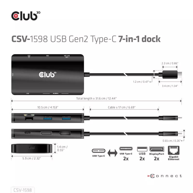 CLUB3D USB Gen2 Type-C uz diviem DisplayPort 4k60Hz 7-in-1 centrmezgls