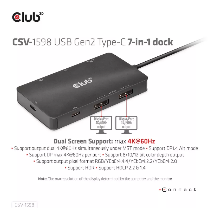 CLUB3D USB Gen2 Type-C uz diviem DisplayPort 4k60Hz 7-in-1 centrmezgls