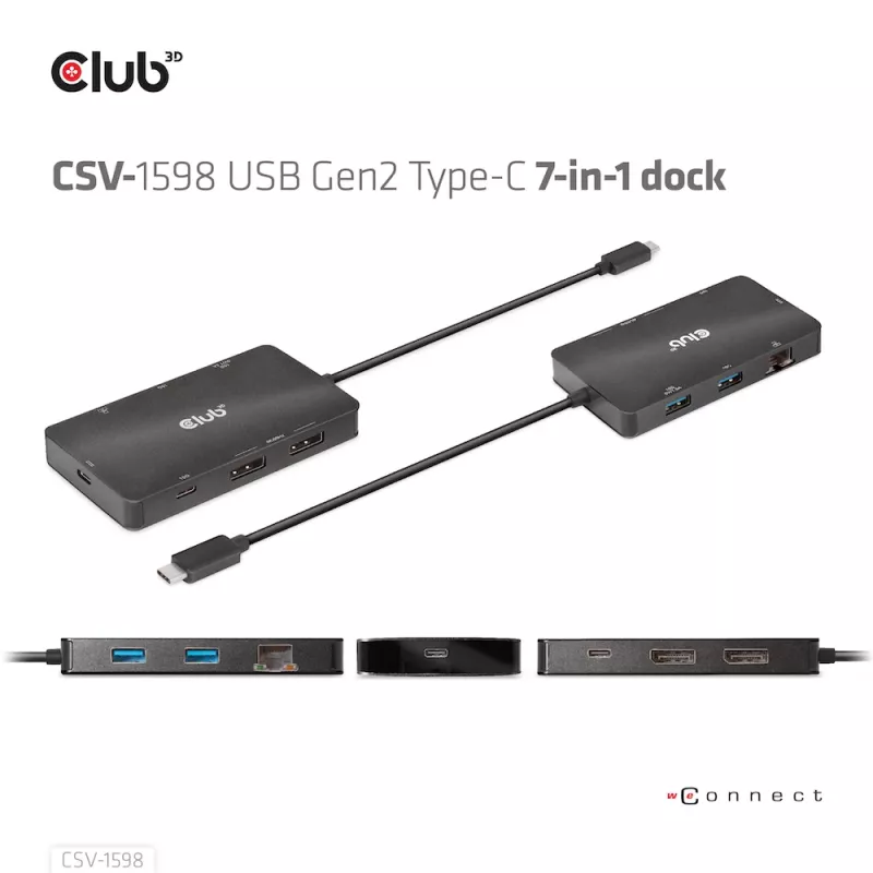 CLUB3D USB Gen2 Type-C uz diviem DisplayPort 4k60Hz 7-in-1 centrmezgls