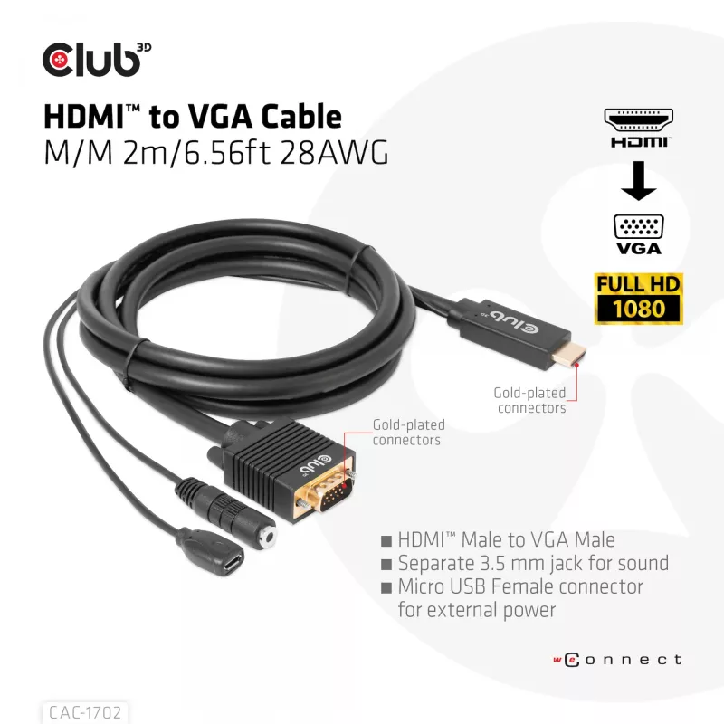CLUB3D HDMI uz VGA kabelis V/V 2m/6.56ft 28AWG