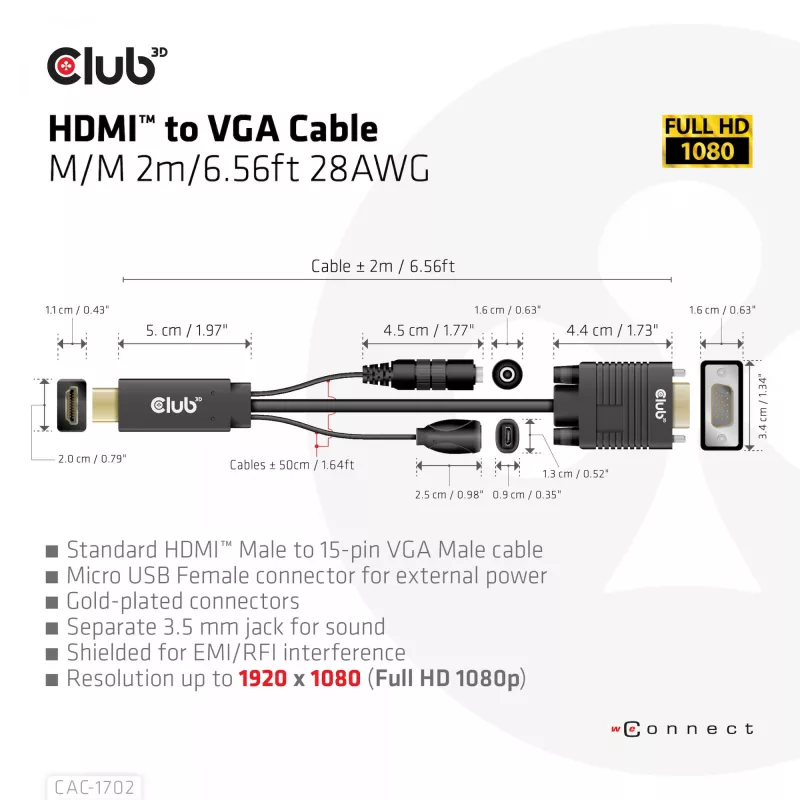 CLUB3D HDMI uz VGA kabelis V/V 2m/6.56ft 28AWG