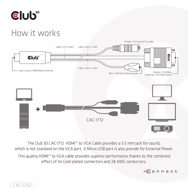 CLUB3D HDMI uz VGA kabelis V/V 2m/6.56ft 28AWG