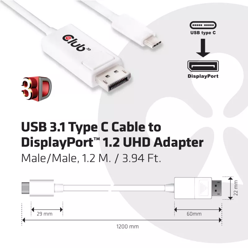 CLUB3D USB 3.1 Type C kabelis uz DisplayPort 1.2 UHD adapteris