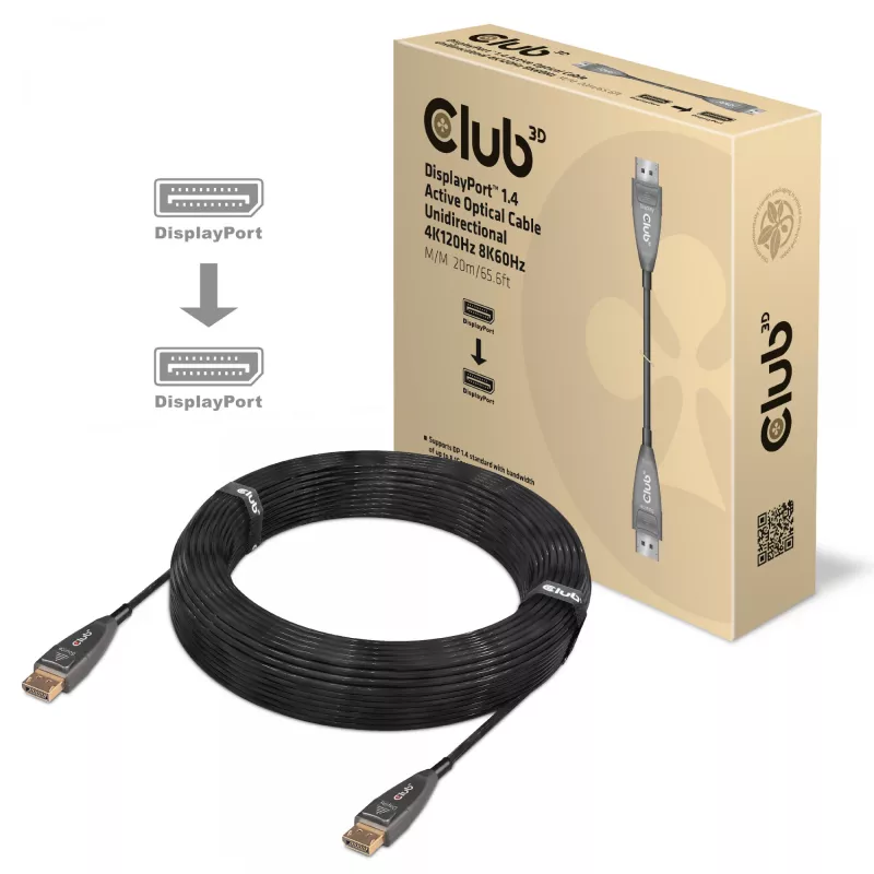 CLUB3D DisplayPort 1.4 aktīvais optiskais kabelis, vienvirziena, 4K120Hz 8K60Hz, M/M, 20m/65.62ft