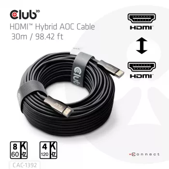CLUB3D HDMI™ Hybrid AOC kabelis 8K60Hz/4K120Hz 30m / 98,42 pēdas, 30 m, HDMI A tips (standarta), HDMI A tips (standarta), 48 Gbit/s, melns