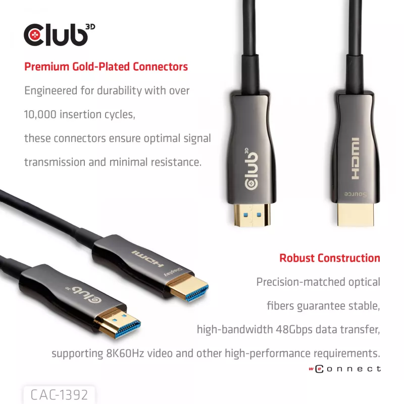 CLUB3D HDMI™ Hybrid AOC kabelis 8K60Hz/4K120Hz 30m / 98,42 pēdas, 30 m, HDMI A tips (standarta), HDMI A tips (standarta), 48 Gbit/s, melns
