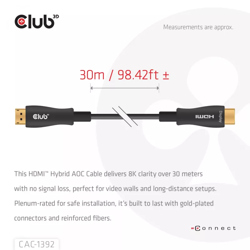 CLUB3D HDMI™ Hybrid AOC kabelis 8K60Hz/4K120Hz 30m / 98,42 pēdas, 30 m, HDMI A tips (standarta), HDMI A tips (standarta), 48 Gbit/s, melns